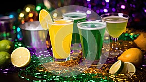 Mardi Gras Treats food and drinks in purple, green, yellow colors background. Masquerade festival carnival masks, gold