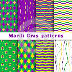 Mardi gras vector different seamless pattern: argyle, chevron, beading, stars, wavy background photo