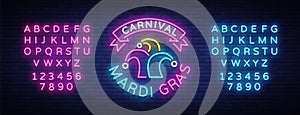 Mardi Gras vector symbol with holiday greetings, festive card. Fat Tuesday, festive illustration in neon style, luminous