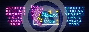 Mardi Gras vector symbol with holiday greetings, festive card. Fat Tuesday, festive illustration in neon style, luminous