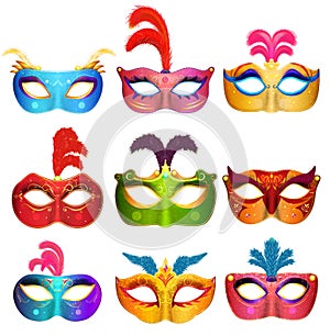 Mardi Gras Venetian handmade carnival masks. Face masks collection for masquerade party. Vector