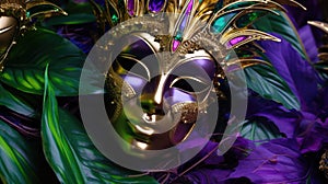 Mardi Gras Venetian masks in golden purple green colors background. Festive colorful Carnival Mardi Gras masquerade mask