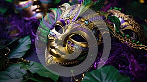 Mardi Gras Venetian masks in golden purple green colors background. Festive colorful Carnival Mardi Gras masquerade mask