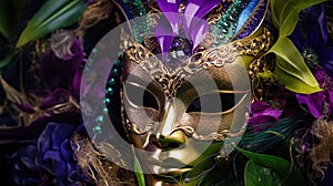 Mardi Gras Venetian masks in golden purple green colors background. Festive colorful Carnival Mardi Gras masquerade mask