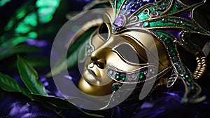 Mardi Gras Venetian masks in golden purple green colors background. Festive colorful Carnival Mardi Gras masquerade mask