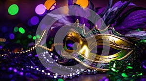 Mardi Gras Venetian masks in golden purple green colors background. Festive colorful Carnival Mardi Gras masquerade mask