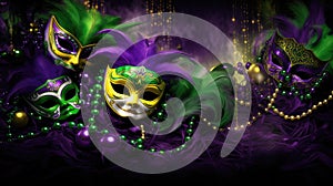 Mardi Gras Venetian masks in golden purple green colors background. Festive colorful Carnival Mardi Gras masquerade mask