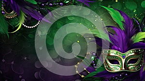 Mardi Gras Venetian masks in golden purple green colors background. Festive colorful Carnival Mardi Gras masquerade mask