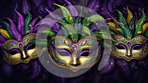 Mardi Gras Venetian masks in golden purple green colors background. Festive colorful Carnival Mardi Gras masquerade mask