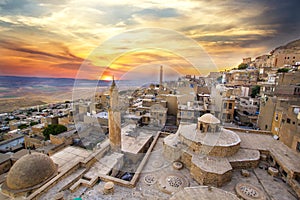 Mardin landscape beautiful sunset With minarets is best touristic destination of Mardin. High resolution landscape view of old Mar