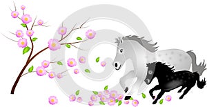 Mare with foal in falling blooms of tree