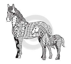 Mare with little foal zentangle stylized. Freehand pencil. Zen art. Vector illustration.