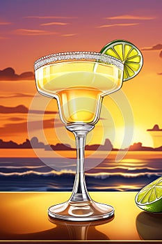 The margarita is a cocktail on beach resort at sunset, Illustartion, HD Photorealistic