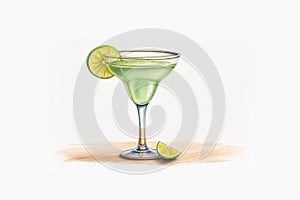 Margarita cocktail in glass with lime slice. Tropical mexican drink with alcohol in martini glass. Classic alcoholic
