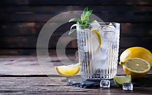 Margarita cocktail with ice, lime slice and salt rim on a wooden