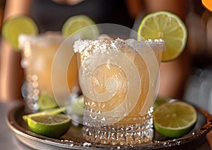 Margarita cocktail, summer refreshment drink for party at the beach. Bartender made juice lime beverage concept