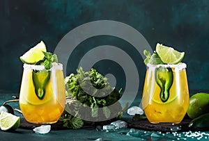 Margarita cocktail with tequila, mango juice, jalapeno pepper, lime and salt, blue background