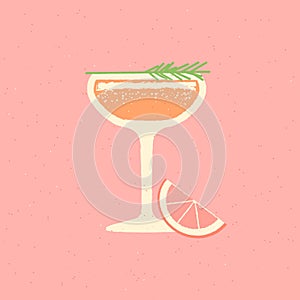Margarita drink glass with rosemary and grapefruit. Flat vector illustration with texture