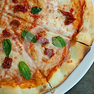 Margarita pizza flat lay. National italian cuisine.