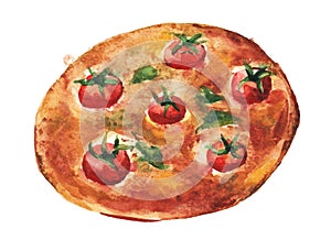 Margarita pizza. Handmade watercolor painting illustration