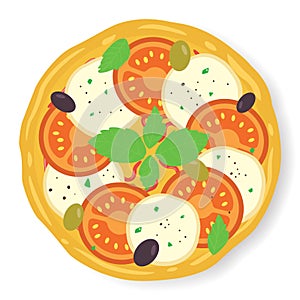 Margarita pizza. Italian whole pizza with tomato and mozzarella. Vector illustration
