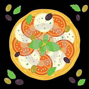 Margarita pizza. Italian whole pizza with tomato and mozzarella. Vector illustration