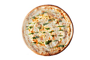 Margarita pizza with pesto sauce top view isolated, white background