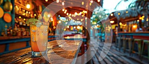 Margarita served on a rustic table in a vibrant Mexican cantina