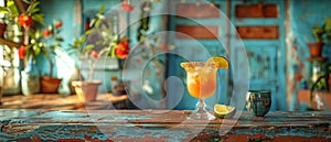 Margarita served on a rustic table in a vibrant Mexican cantina photo