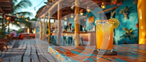 Margarita served on a rustic table in a vibrant Mexican cantina photo