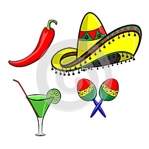 Margarita with sombrero, jalapeno and maracas EPS 10 vector, grouped for easy editing. No open shapes or paths.