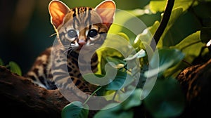 Margay, Leopardis wiedii, beautiful cat sitiing on the branch in the tropical forest