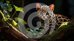 Margay, Leopardis wiedii, beautiful cat sitiing on the branch in the tropical forest