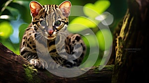 Margay, Leopardis wiedii, beautiful cat sitiing on the branch in the tropical forest