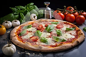 a margherita pizza with fresh ingredients tomatoes, mozzarella, basil on a marble countertop
