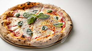 A Margherita pizza, generously topped with lush basil leaves, melted mozzarella, and rich tomato sauce, served on a