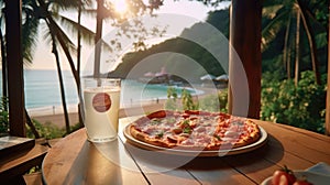 Margherita Pizza On A Wooden Table Backdrop Of The Bergue Thailand Cafe. Generative AI