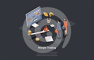 Margin Trading, Risks and Profits Concept. Brokers Analysing Global Fund and Finance, Traders Man And Woman Open a Deal