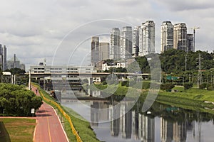 Marginal Pinheiros Ciclo path and skyscrapers in Sao Paulo, Brazil