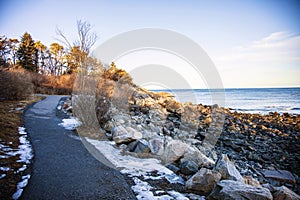 Marginal Way path along the rocky coast of Maine in Ogunquit during winter