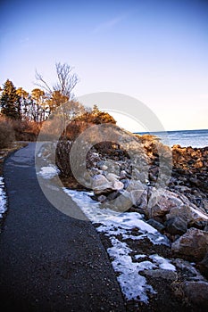 Marginal Way path along the rocky coast of Maine in Ogunquit during winter