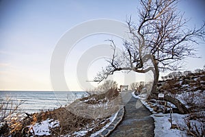 Marginal Way path along the rocky coast of Maine in Ogunquit during winter photo