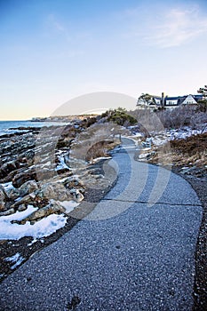 Marginal Way path at sunset in Ogunquit Maine during winter