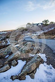Marginal Way path at sunset in Ogunquit Maine during winter
