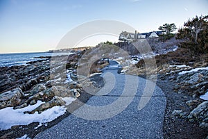 Marginal Way path at sunset in Ogunquit Maine during winter photo