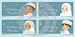 Marhaban ya Ramadan Banner, Praying Muslim Kids Vector Design