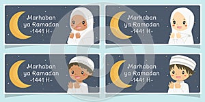 Marhaban ya Ramadan Banner, Praying Muslim Kids Vector Design photo