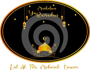 Marhaban ya ramadan kareem with star, golden mosque and golden lamp for background illustration. EPS 10