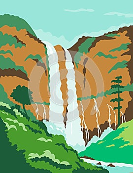 Maria Cristina Falls or Twin Falls Waterfall in Agus River Iligan City Philippines WPA Poster Art Color