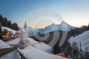 Maria Gern Church in Bavaria with Watzmann, Berchtesgaden, Germany Alps